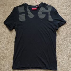 New! Vintage HUGO BOSS Black V Neck Short Sleeve Tee Shirt with Bold Logo